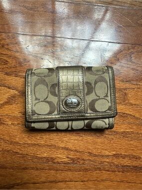 Coach Olive and Brown Signature Trifold Wallet